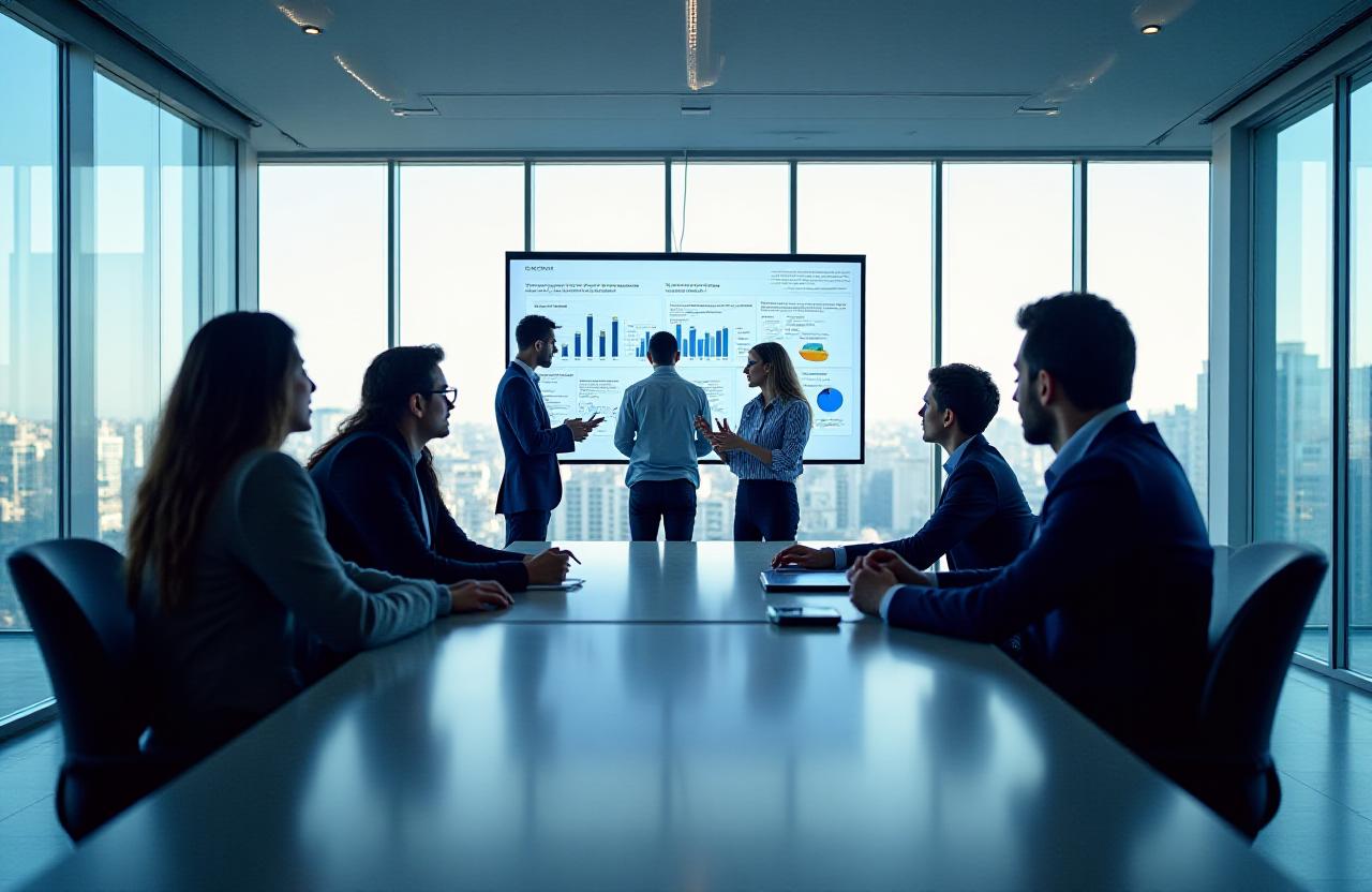 Reunión de estrategia corporativa en oficina moderna de Madrid